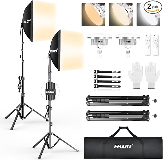 EMART Softbox Lighting Kit 135W 16"x16" Softbox for Photography Light 2Pack | 3000K-6500K LED Bulbs with Remote, 65" Tripod, Professional Photography Lighting for Studio Lights, Portrait, Video Recording