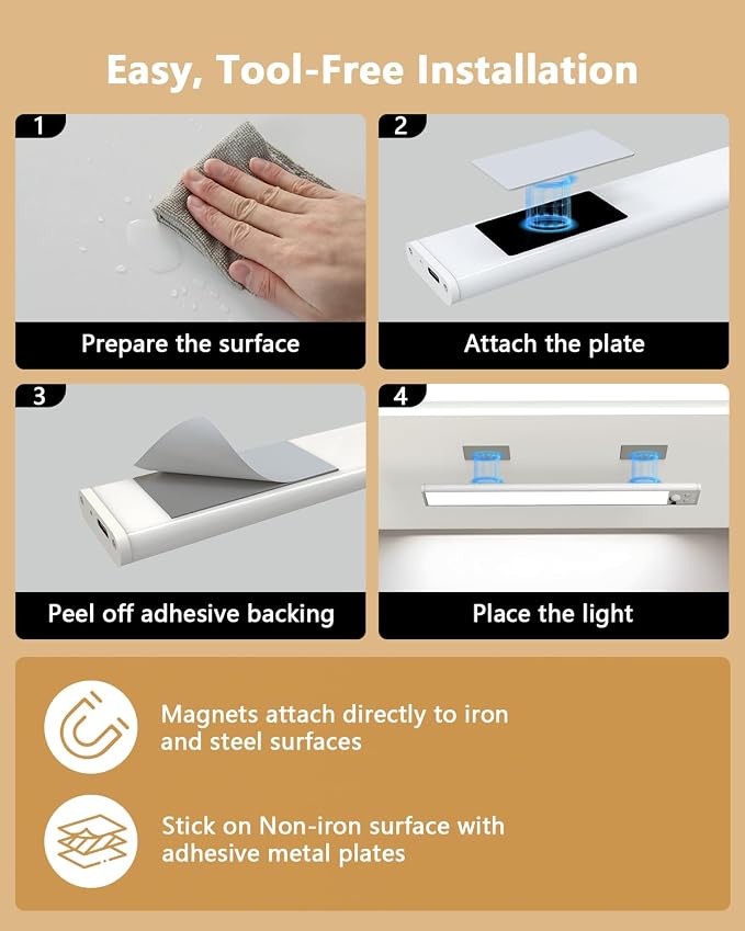 Under Cabinet Lighting,80LED Motion Sensor Light Indoor with Remote,2200mAh Rechargeable Closet Lights Wireless,Dimmable,3Color Temps,Magnetic Under Counter Lights for Kitchen,Stair, 2Pack