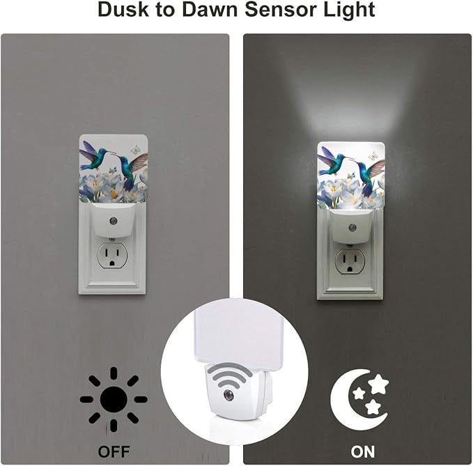 Blue Hummingbirds Night Light Set of 2, White Flowers Auto Sensor LED Dusk-to-Dawn Nightlights, Plug-in Sensor Lamp for Bedroom Bathroom Kitchen Hallway Stairs Decorative