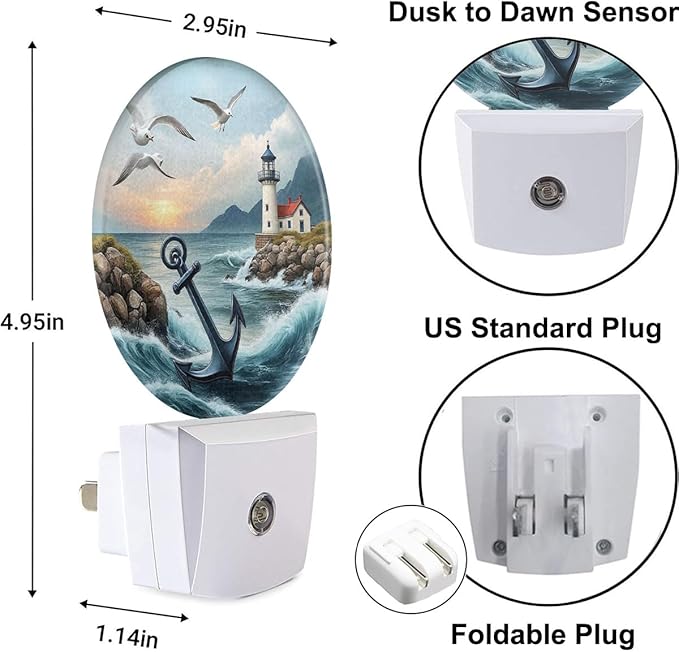 Plug-in Seascape Night Light Anchor Lighthouse and Seagulls at Sunset Nightlight with Dusk to Dawn Sensor, Auto On/Off 0.5W Energy-Saving LED Lighting for Men Women Boys Girls Gift