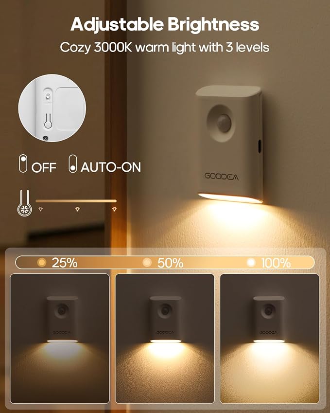 GOODEA 4-Pack Magnetic Motion Sensor Night Light with Rechargeable Battery | Portable Mini 3000K Warm White LED Nightlight, Dimmable Light for Stair, Bathroom, Hallway, Toilet, Bedroom, Cruise