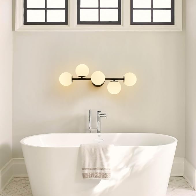 27" Mid Century Modern White Globe Black LED Bathroom Vanity Light | Matte Black Finish, Sleek Mid Century Modern Style, Milk White Glass Globes, Built-In LED Light Source, Unique Ambient Glow
