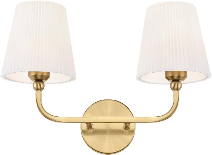 2-Light Brushed Gold Bathroom Vanity Light, Pleated Fabric Shade | 17" 2-light gold double wall sconce with white pleated fabric shades, E26 bulbs, hardwired, upward only, VL837-BG-Z-2