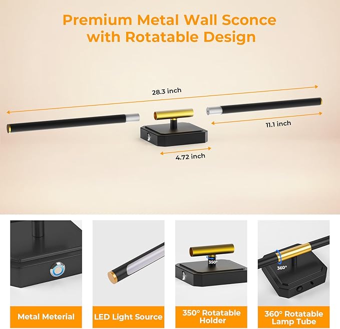 Battery Operated Wall Sconce Detachable 360°Rotate, Wireless Wall Lamp 3000-6500K Dimmable, 10000mAh Rechargeable Wall Light for Bedroom, Living Room，28.3" Black Gold (1 Pack)
