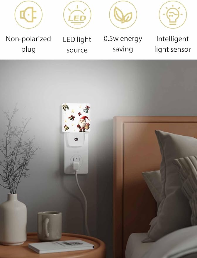 Christmas Night Lights Plug into Wall LED Night Light Santa Claus with Gift Snowflake Bell Winter Automatic Dimmable Dusk-to-Dawn Square Shaped Smart Nightlight for Bathroom/Bedroom
