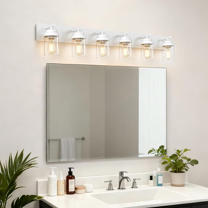 IZORRO Bathroom Vanity Light Fixture, 6-Light 46 Inch White Bathroom Light Fixtures Over Mirror, with Clear Glass Shade, Modern Farmhouse Vanity Lights, Rustic Restroom Lighting Fixtures