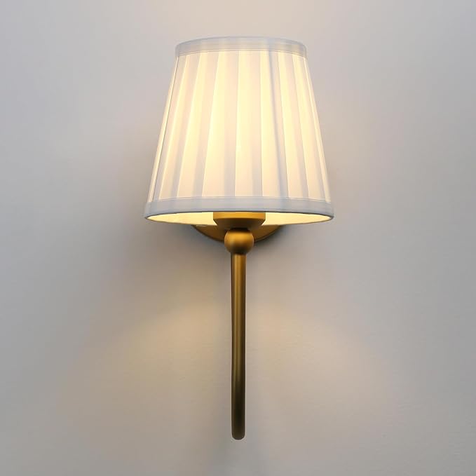 Hardwired Set of 2 Wall Sconces White Pleated Fabric Shade, Vintage Curved Arm Bathroom Vanity Lights, Indoor Wall Decor Lamp for Living Room, Bedroom, Foyer