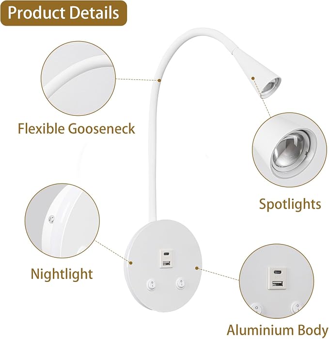 Dimmable LED Wall Reading Lamp - Adjustable Gooseneck Book Light for Bed, USB + Type C Output, 2-in-1 Night Light & Spotlight, Compact Focused Lamp (White)