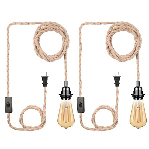 Plug in Pendant Light Cord, Industrial Hanging Light Kit with 15FT Hemp Rope, E26 E27 Light Socket Base for Hanging Lamp Kit, Hanging Light Cord with On/Off Switch, Ideal for Room Decor-2 Pack