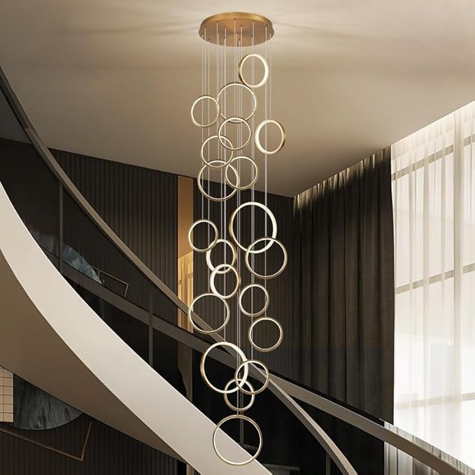 20 Rings Modern LED Chandelier for High Ceiling Dimmable Gold Contemporary Foyer Long Chandelier for Entryway, Long Pendant Light Fixture Staircase Dining Living Room, 3000-6500K