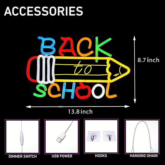 Back To School Neon Sign for Wall Decor, Pencil LED Sign Classroom Dimmable Neon Light Up Sign for Back To School Decorations Nursery Study Area Library Office 5V USB 13.8"x8.7"