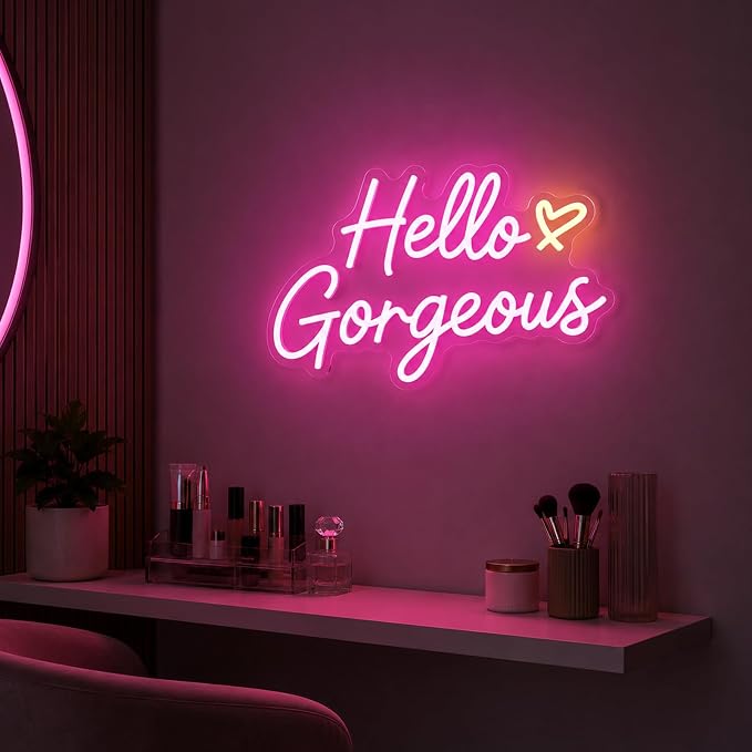 Hello Gorgeous Neon Signs for Wall Decor, Hello Beautiful Pink LED Lights | Dimmable Hello Gorgeous Light Sign for Girls Bedroom, Makeup Room, Beauty Salon, Wedding, Bachelorette Party, Gift for Women