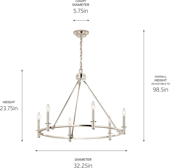 KICHLER Carrick 6-Light Chandelier, Updated Traditional Light in Polished Nickel, Sloped Ceiling Compatible, for Dining Room, Office or Bedroom (23.7" x 32.25"), 52705PN