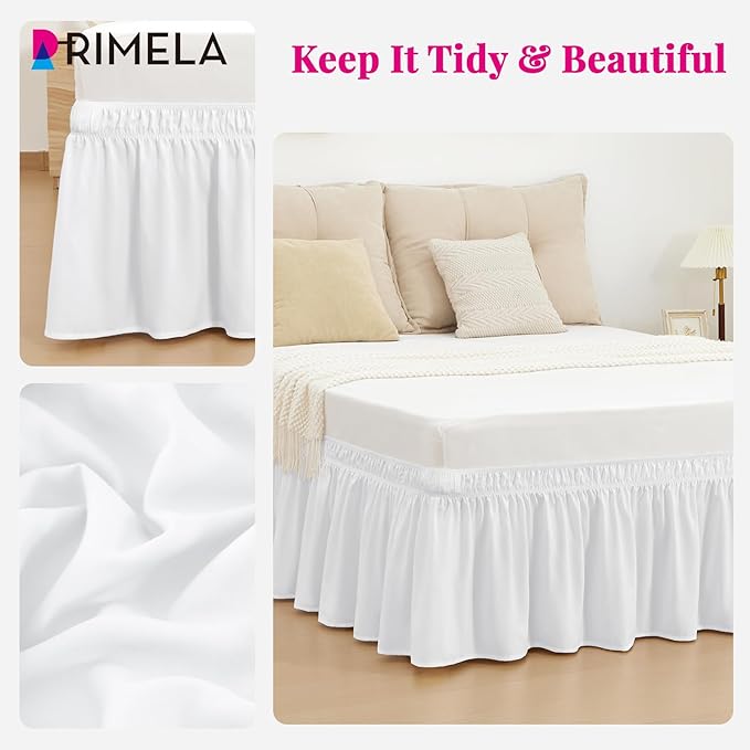 RIMELA Bed Skirt Full Size Bright White 15 Inch Drop, Wrap Around Elastic Bedskirt, Dust Ruffle for Adjustable Bed Base Soft Durable Fabric Machine Washable Easy to Install Bed Skirts