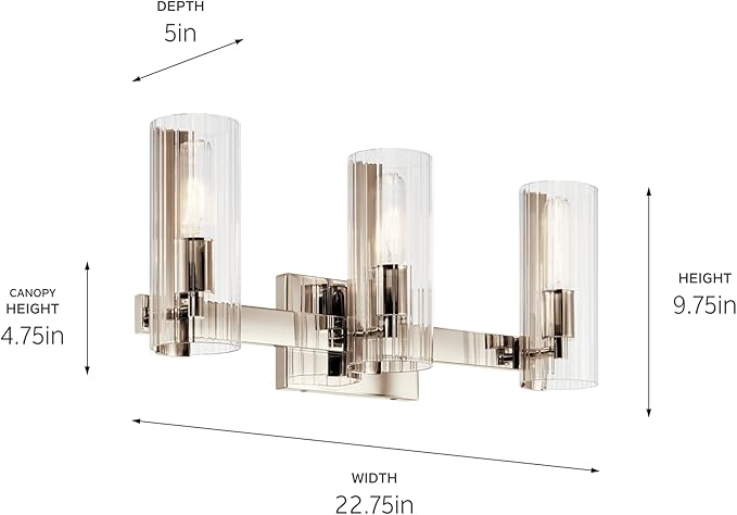 Kichler Jemsa 3 Light Vanity, Modern Light with Clear Fluted Glass in Polished Nickel for Bathroom or Powder Room (9.75" x 22.75"), 55168PN