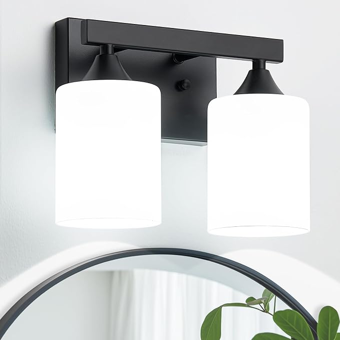 ZHU YAN Black Vanity Light Fixture,2 Light Bathroom Lighting Fixtures Over Mirror,Milky White Glass Shades,Bathroom Lights for Mirror Living Room Bedroom E26 Socket