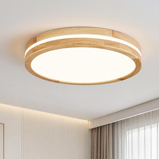 Pevfah Modern Dimmable LED Wood Flush Mount Ceiling Light, 5CCT Round Close to Ceiling Lighting Fixtures, Minimalist Ceiling Lamp for Bedroom, Kitchen, Hallway, Laundry Room-15.74in