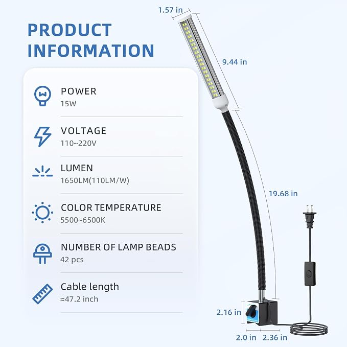 LED Magnetic Work Light, 15W high Brightness,Flexible Gooseneck lamp with Strong Magnetic Base for Lathe Milling Drill Press Industrial Lighting 110-230V Upgrade with Switch(Black with Switch)