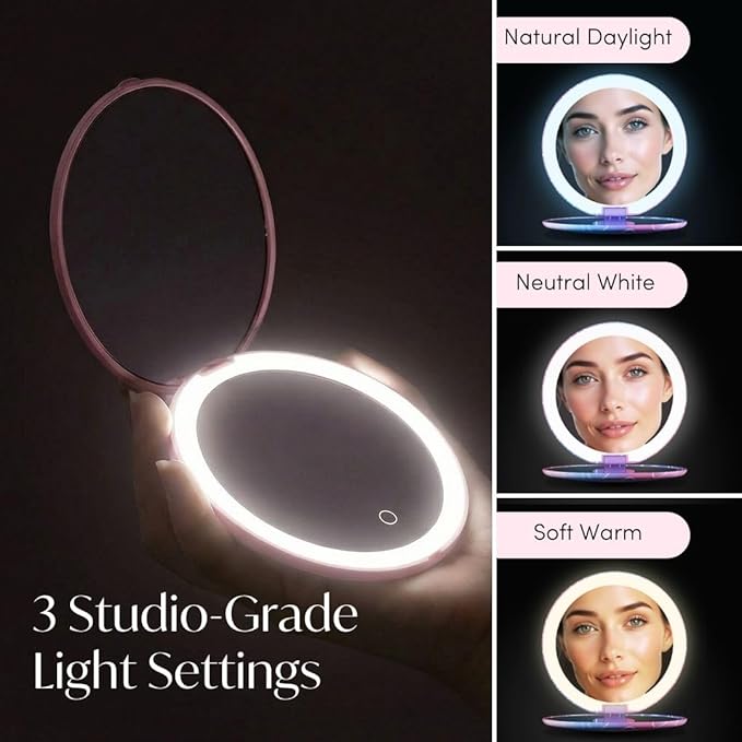 Fancii Mini Taylor Compact Magnifying Mirror with LED Light, 10x/1x, Rechargeable, 3 Light Settings, Dimmable - Small Lighted Travel Handheld Mirror for Pocket, Handbag, Purse, 2-Sided (Lovestruck)