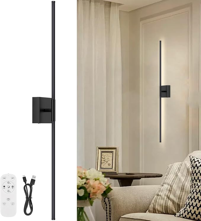 Battery Operated Wall Sconce, 3000K-6000K Dimmable Black Wall Lights with Remote Control, Timable LED Wireless Wall Sconces, 350° Ratate for Bathroom, Living Room, Hallway 39.4 Inch 1 Pack