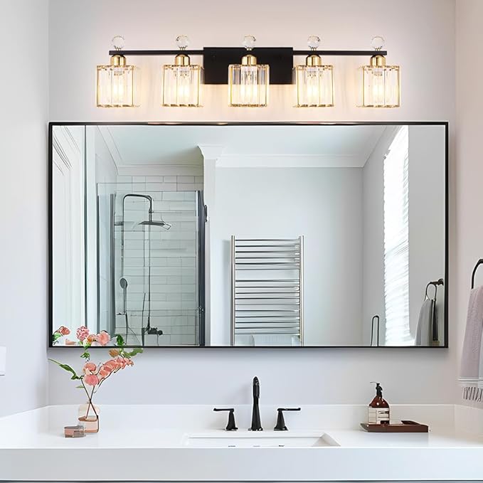 Bathroom Vanity Lights Over Mirror - Easy Installation with Clear Guide, 5-Light Shadow-Free Design, Black and Gold Crystal Finish - for Modern Home Bathroom Lighting Fixtures in DIY Projects