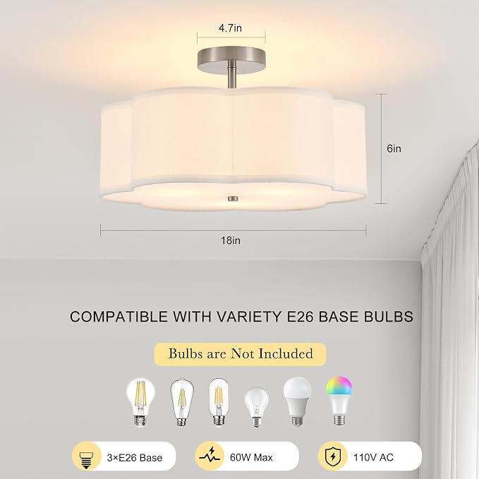 18" Chrome Semi Flush Mount Ceiling Light, 3-Light Petal Fixture | White Beige Linen Petal Shade, Modern Chrome Style For Bedroom, Living, Kitchen And Nursery; Close-To-Ceiling, E26, Dimmable