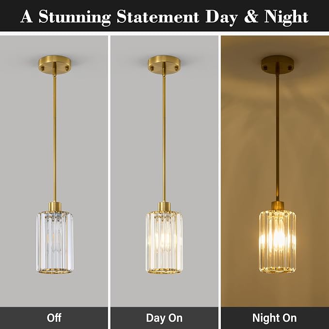 5.1" Mini Modern Brushed Gold Crystal Kitchen Island Pendant Light | Small Crystal Glass Shade, Sparkling Crystal Reflection, Customizable Hanging Height,Fits Most Ceilings, Modern Brushed Brass