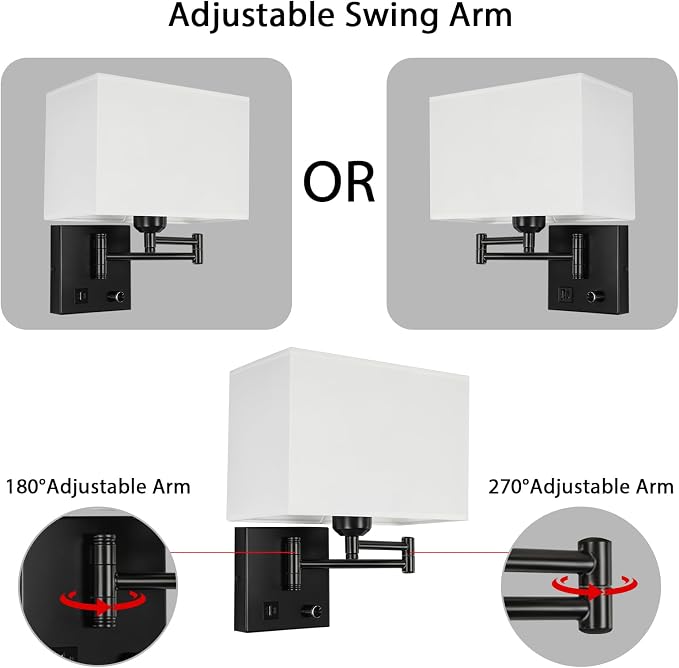 Plug in Wall Lamp for Living Room Bedroom Bedside, Bulb Included | Wall Sconce with USB C+A Charging Ports, Adjustable Swing Arm 270°, Adjustable Color Temperature, White Square Lampshade