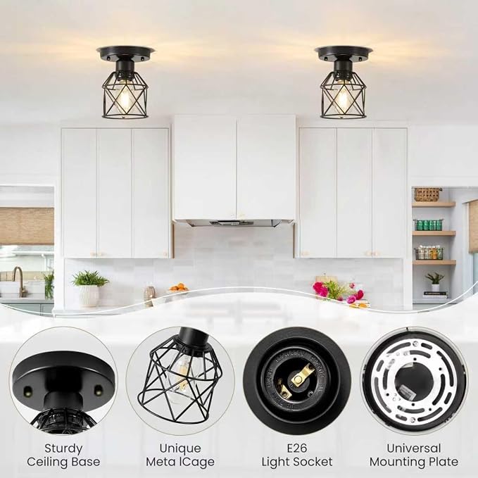 2-Pack Farmhouse Semi Flush Mount Ceiling Light Fixture, E26 Rustic Black Metal Cage Ceiling Lamp for Hallway Porch Kitchen Stairway Bedroom Entryway
