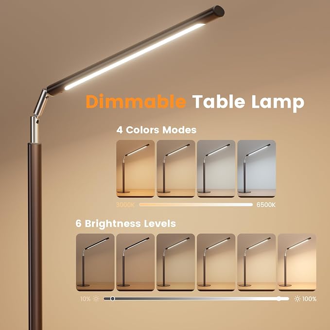 Brown LED Desk Lamp, 16" Dimmable Metal Desk Light with Base, 15W 1200LM, Adapter Included, Color & Brightness Adjustable, Modern Tall Table Lamp for Home Office Reading Study Task Laptop