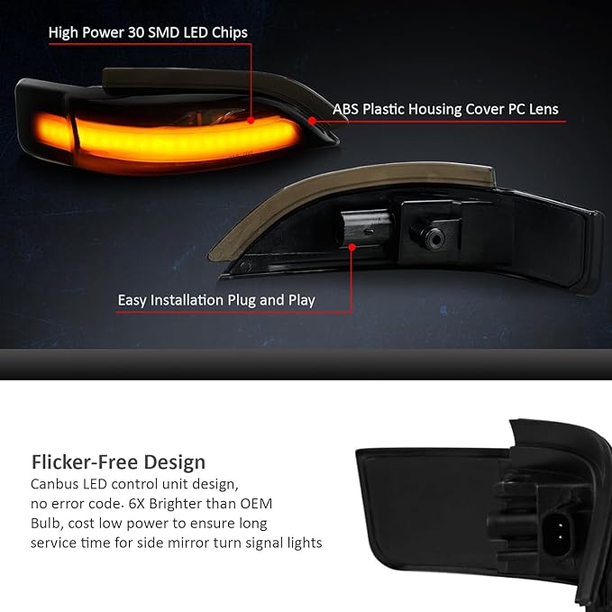 D-Lumina Sequential LED Side Mirror Turn Signal Lights Smoked Lens for Toyo-ta Corolla Camry Avalon Prius C Auris Yaris Verso Vios Scion iM, Dynamic Indicator Strip Blinker Mirror Marker Light