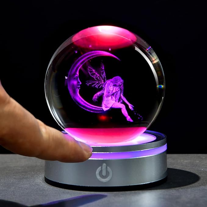 3D Moon Fairy Crystal Ball with LED Stand, 80mm Fairies Figurines Decor Glass Sphere Balls Lamp Night Light Gifts for Women Kids Mom Girls