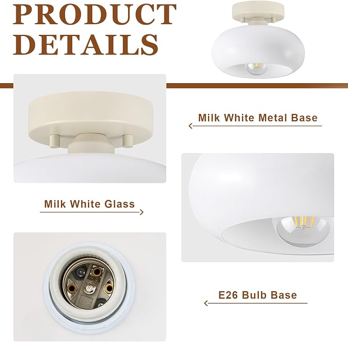 WOKNOS Mid-Century Modern Cream White Semi Flush Ceiling Light 8.66 Inch | Mini White Glass Shade Close to Ceiling Lighting Fixture For Kitchen Entryway Hallway Bathroom Closet Bedroom Laundry Room