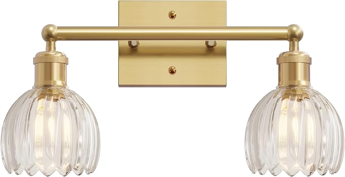 Vintage Bathroom Light Fixtures,2-Light Rustic Vanity Lights for Bathroom,Hallway,16.5 in Brass Vanity Lights,Tulip Light Fixtures for Mirror with Clear Tulip Glass Shade for Bedroom,E26 Base