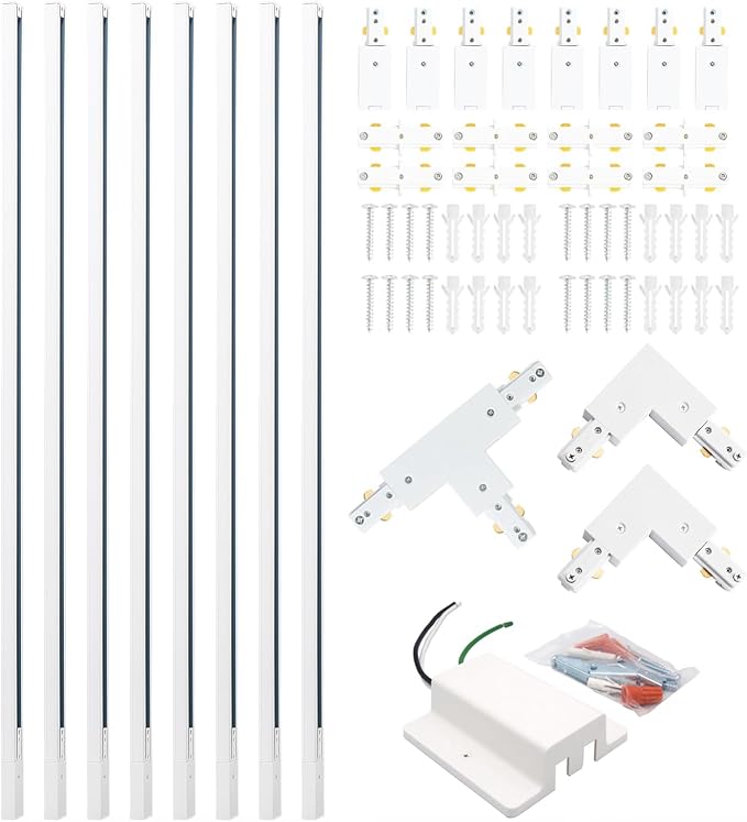 26FT H Track Lighting Rails White, H Type Track Lighting Rails Kit with Floating Canopy Connector, End Caps, Live End Feed, L Connectors, Compatible with 3-Wire Single Circuit H Style System