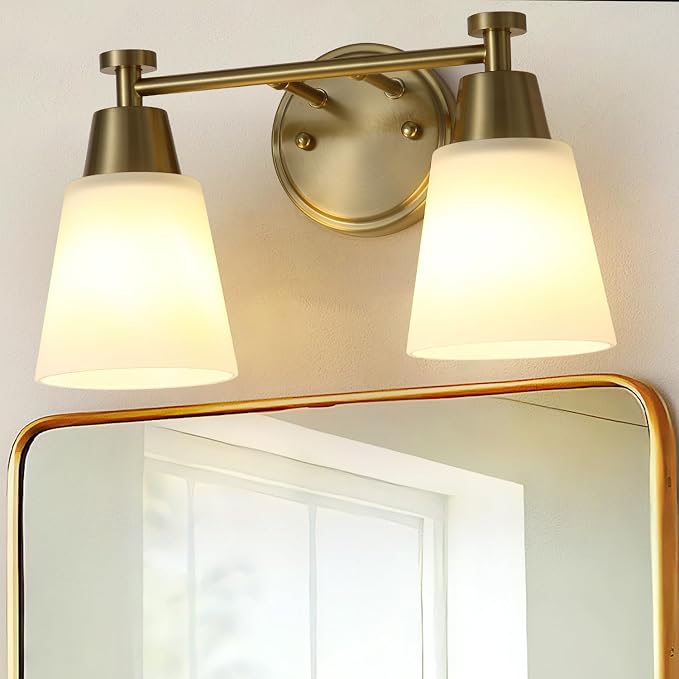 2-Light Bathroom Vanity Light, Gold Finish with Milk Glass Shades, Over Mirror, for Bathroom Vanity