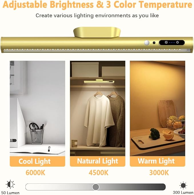Battery Powered Operated Wall Strip Light with Motion Sensor | LED Light Bar, Rechargeable Magnetic Under Cabinet Lighting Wireless with Remote Control for Desk Mirror Closet Gold