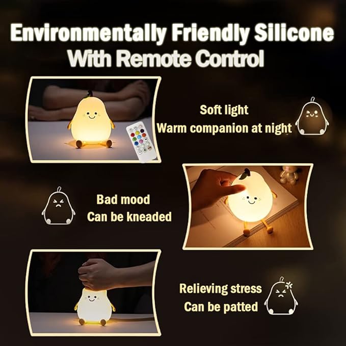 Cute Pear Night Light for Kids, Silicone Fruit Pear Lamp with Remote, Squishy Kawaii Bedside Cute Lamp, Adjustable Brightness NightLight for Bedroom, Rechargeable Soft NightLight for Room Decoration