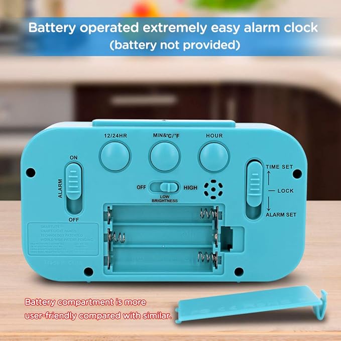 Peakeep Night Light Digital Alarm Clock Battery Operated with Indoor Temperature, Desk Small Clock (Blue)