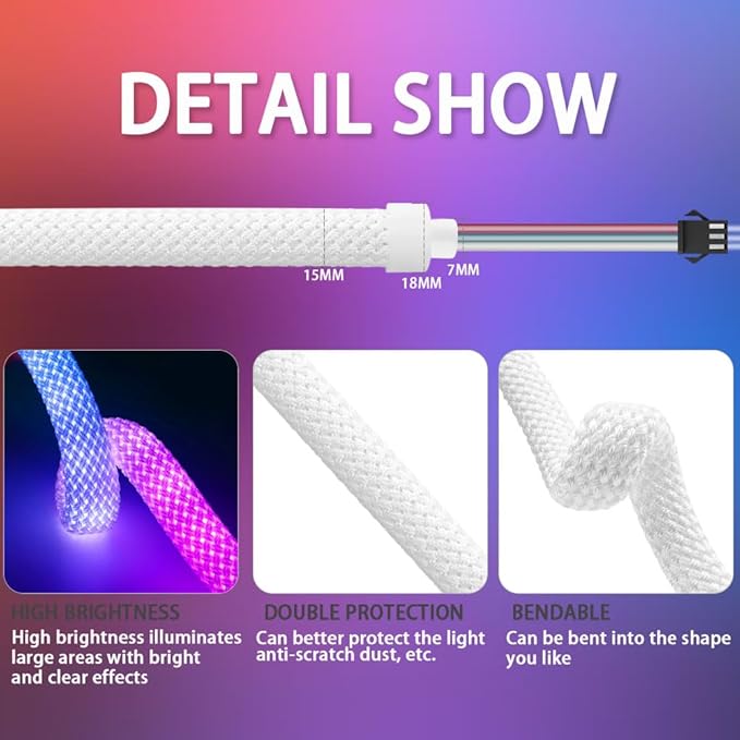 9.8FT WS2811 360 Degree Round Reticulate Neon LED Strip with Controller,RGB Nylon Flexible Dream Colorful Rope Light,Bedroom Indoor Outdoor Decoration,DC5V(No Adapter)