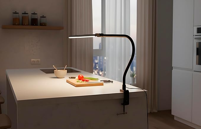LED Desk Lamp with Clamp, Dimmable Gooseneck Task Light for Home Office, Eye-Caring Study Lamp, Adjustable Clip-On Light for Workbench & Small Desk – Black
