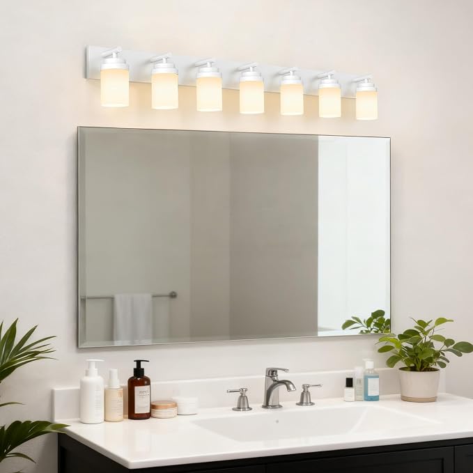IZORRO Bathroom Vanity Light Fixture, 7-Light 52 inch White Bathroom Light Fixtures Over Mirror, with White Glass Shade, Modern Farmhouse Vanity Lights, Rustic Restroom Lighting Fixtures