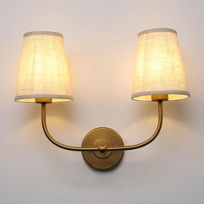 Vintage Double Sconce Large Antique 2-Lights Sconces with Flared Funnel Linen Beige Fabric Shade Hardwired Double Wall Sconce E26 Base