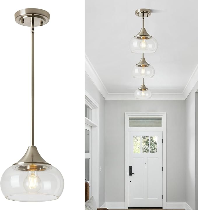 Modern Pendant Lights for Kitchen Island, Brushed Nickel Pendant Light Fixtures with 8.5" Clear Glass Shade, Industrial Hanging Pendant Lights Fixture for Kitchen Island Dining Room Entryway 1 Pack