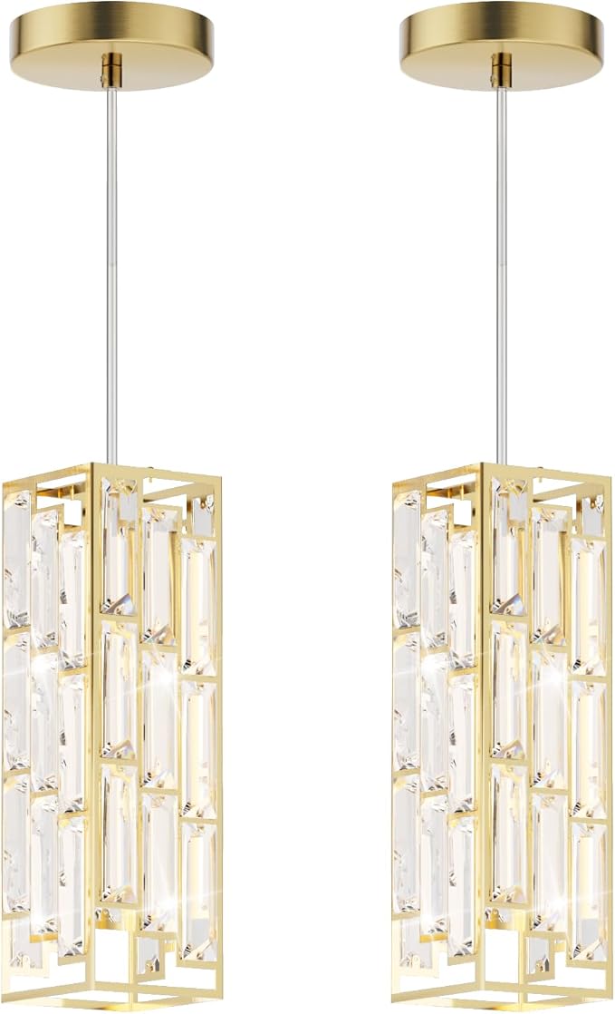 Modern 1-Light Crystal Pendant Light Kitchen Island, Brass, 2-Pack | Mini Crystal Chandeliers, Height Adjustable Cord, Ceiling Hanging Lighting for Kitchen Island Dining Room Bedroom