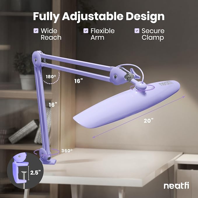 Neatfi XL 2200 Lumens 24W LED Desk Lamp – Shadow-Free Task Lighting | 4-Level Dimming | Home Office & Crafts Use | 20-Inch Wide Head (Lavender, Non-CCT with Clamp)