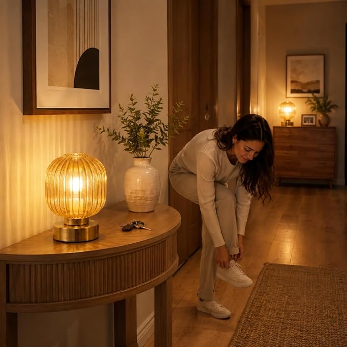 Elenhome Amber Touch Glass Table Lamp Set of 2, 3-Way Dimmable Bedside Lamps, Vintage Mid-Century Modern Nightstand Lamps for Bedroom and Living Room, Ambient Mood Lighting, LED Bulb Included