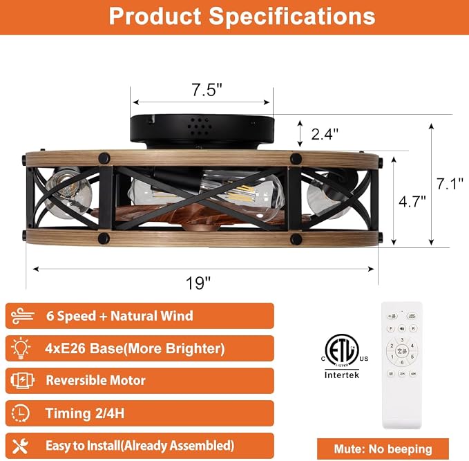 SHLUCE 19" Farmhouse Caged Flush Mount Ceiling Fan with Light, Rustic Fandelier Bladeless Ceiling Fans with Lights and Remote, Small Low Profile Ceiling Fan with Light for Kitchen, Bedroom - ETL