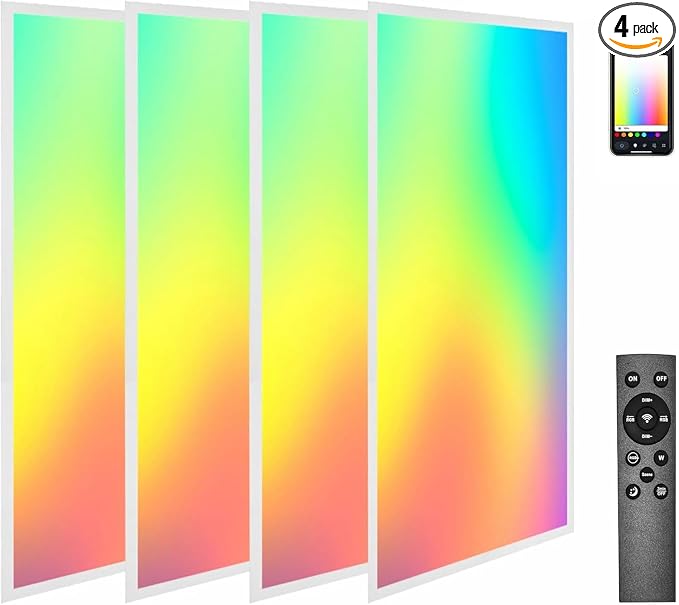 4 Pack 2X4 FT LED RGBW 5000K Multicolor Flat Panel, Light Remote & App Controlled 60W 6600lm Color Changing LED Panel Light Smart Wi-Fi Drop Ceiling Light with Alexa/Google Assistant