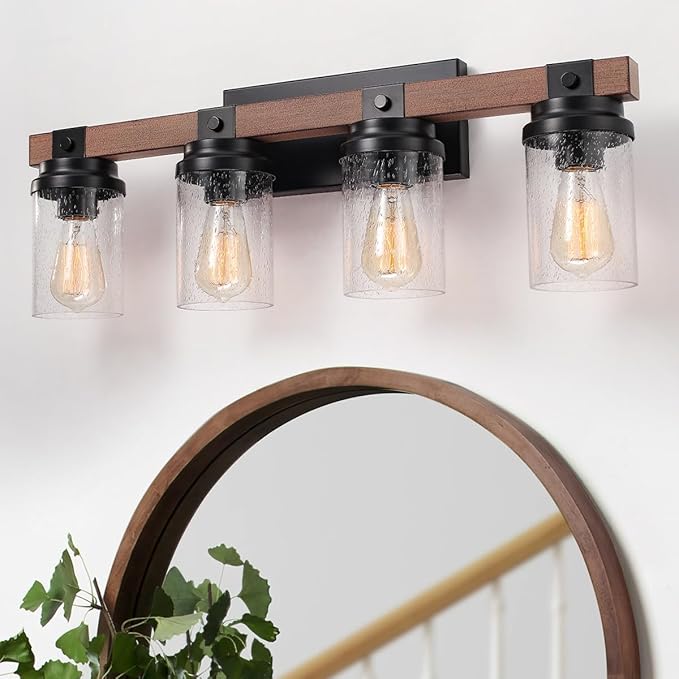 4-Light Farmhouse Vanity Lights Bathroom Lighting Fixtures Over Mirror | Faux Wood Rustic Wall Mount Light with Clear Seeded Glass Shade,Industrial Black Metal Wall Sconces for Bathroom Living Room